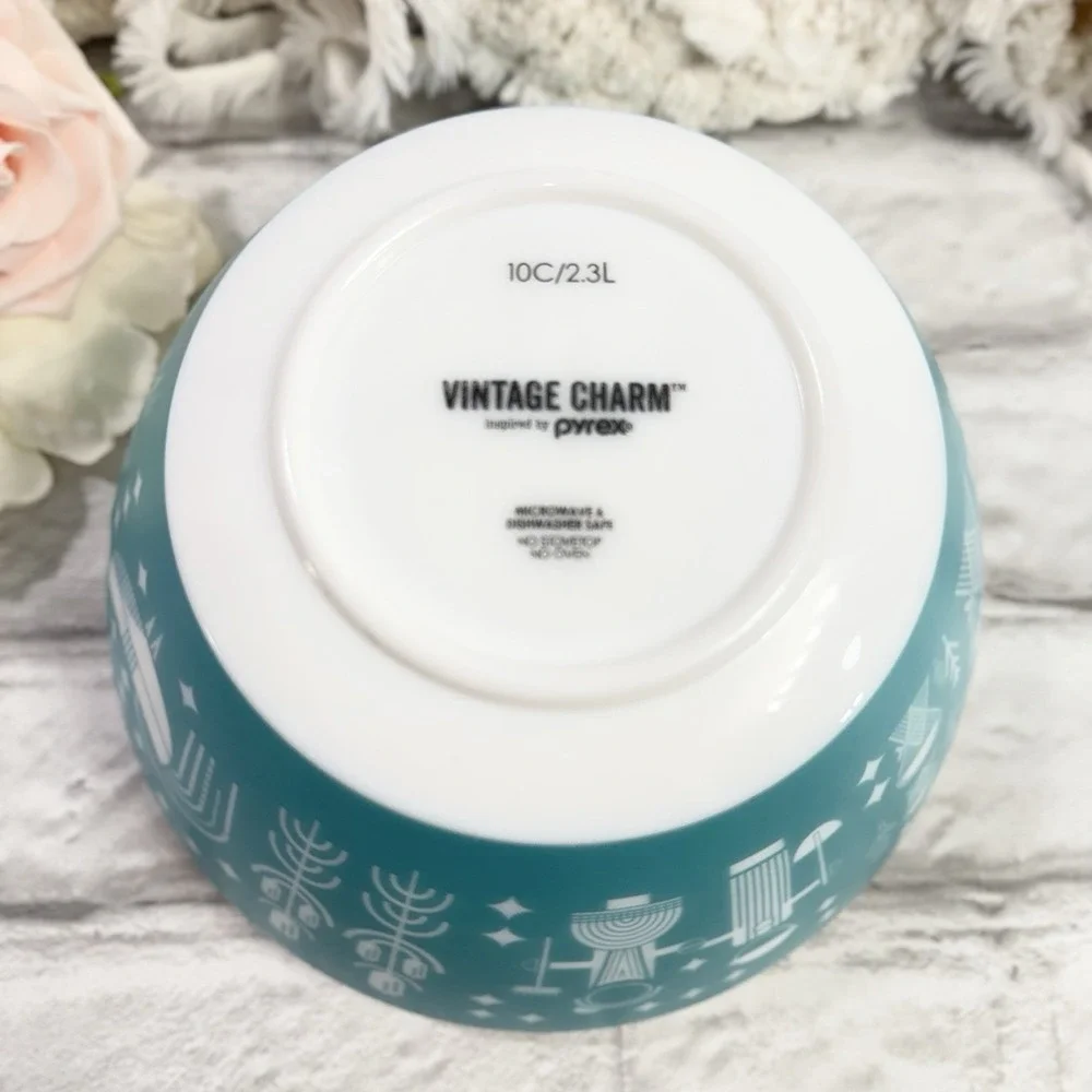 Vintage Charm Pyrex Inspired Rise n' Shine 2 Mixing Nesting Bowl Teal  10c & 6c